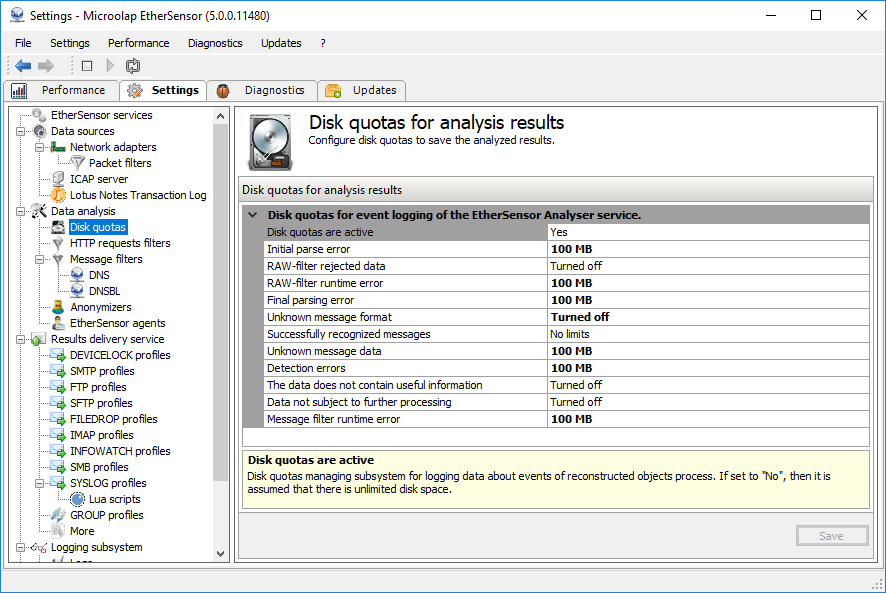 Analysis service settings.