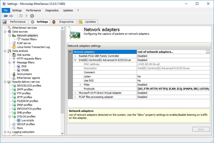 ethcapsvc service, network adapter capture configuration
