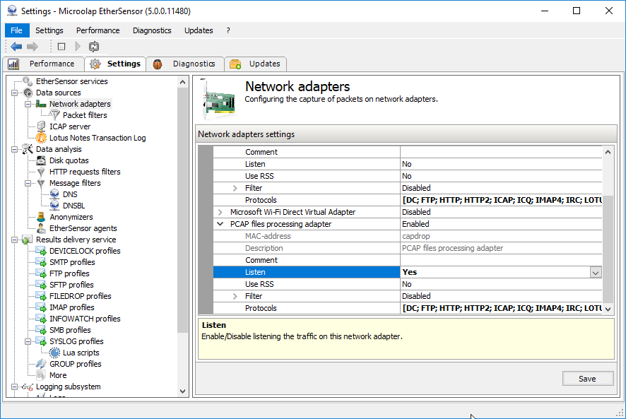 PCAP files processing adapter settings.