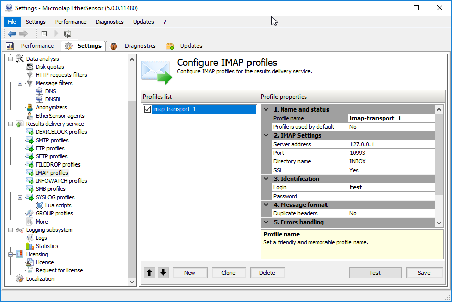 SMTP profile settings.