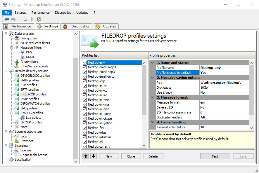 FILEDROP profile settings.