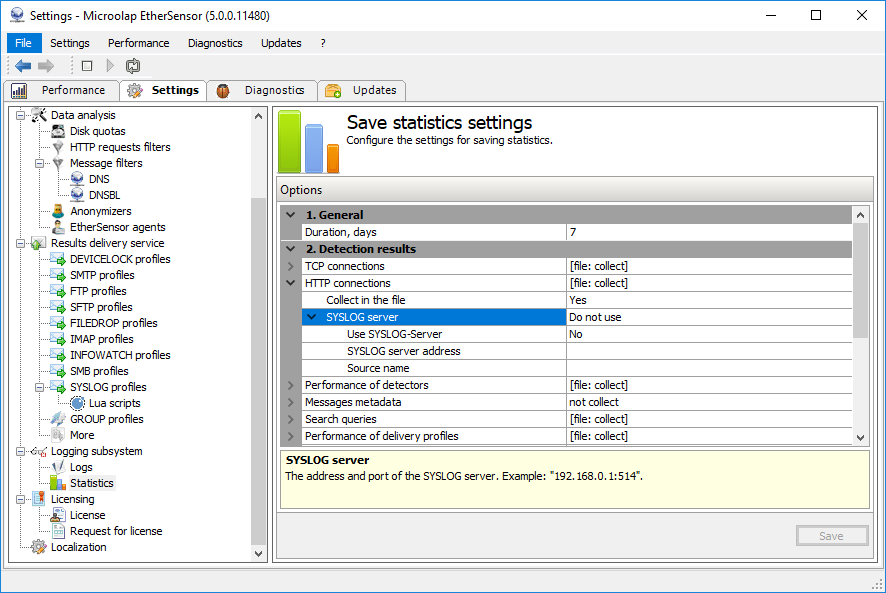 Configure the settings for saving statistics.